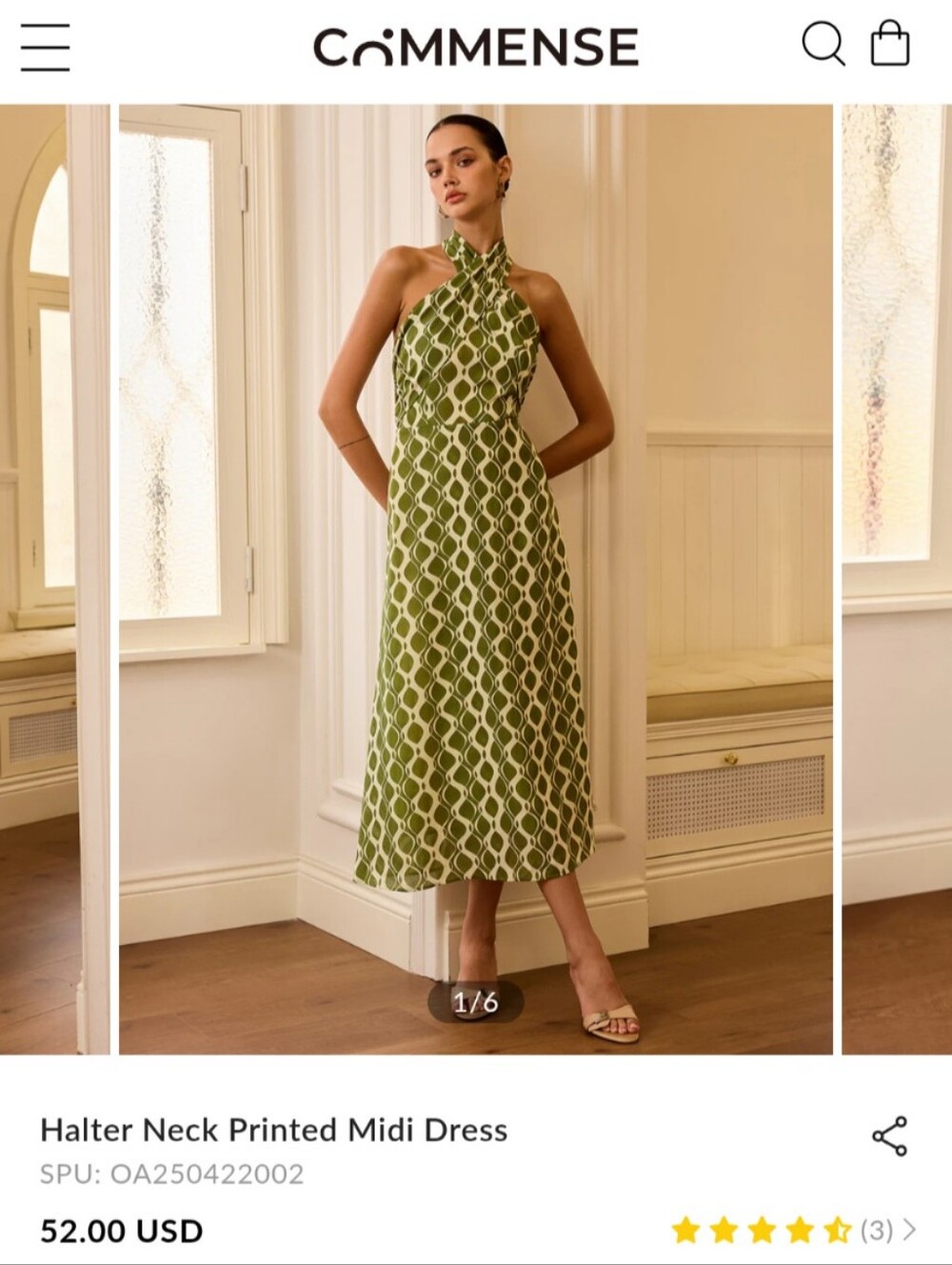 Commense Olive and Light Green Geometric Halter Chiffon Midi Dress